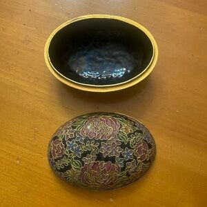 Vintage Lidded Enamel Trinket Brass Cloisonné Egg Dish Floral Pattern